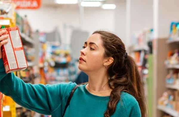 A young woman selects a box of juice from the top shelf in a grocery store.